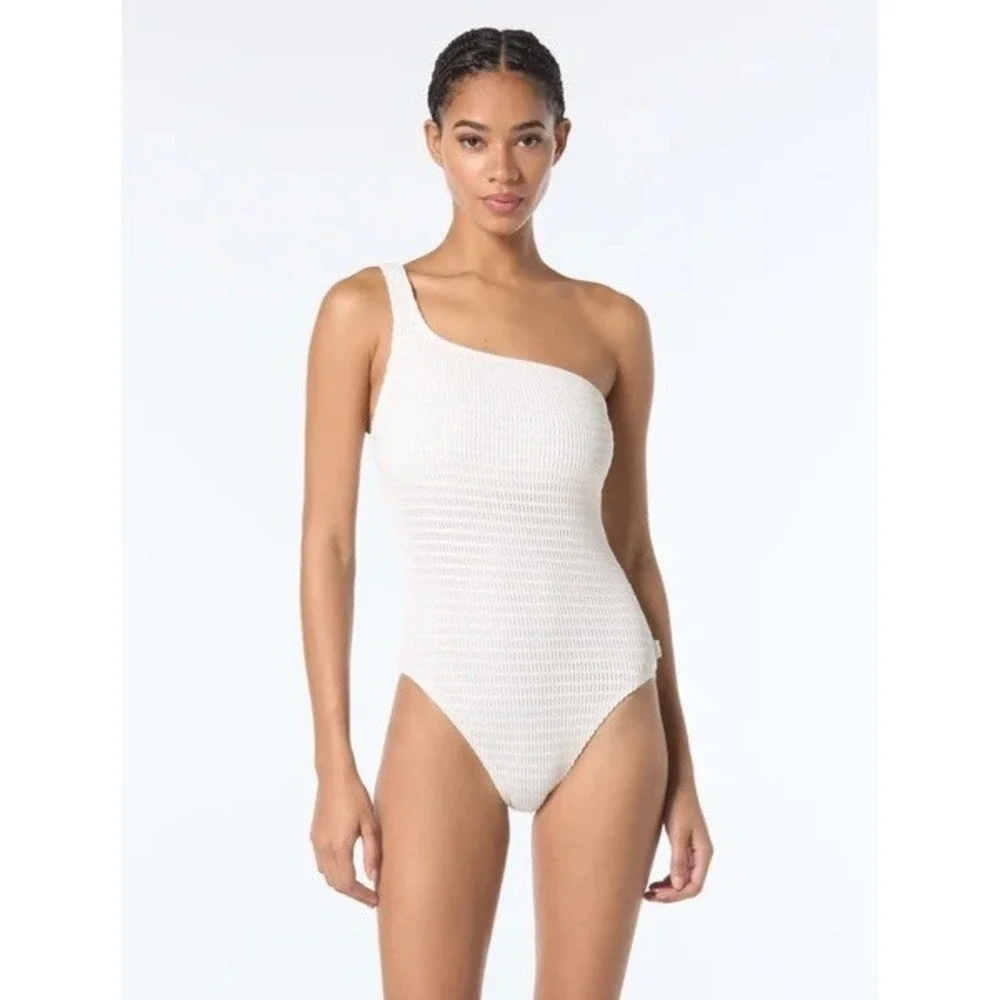 NWT Michael Kors One Piece Swimsuit Women Cream Gold Metallic Shoulder 6 $134